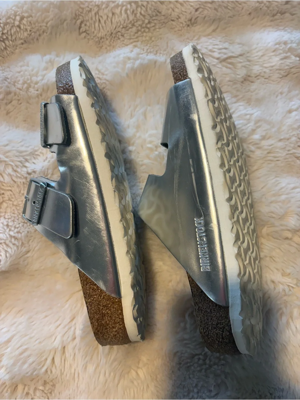 Birkenstock Metallic Silver Two-Strap Sandals - Shiny Silver